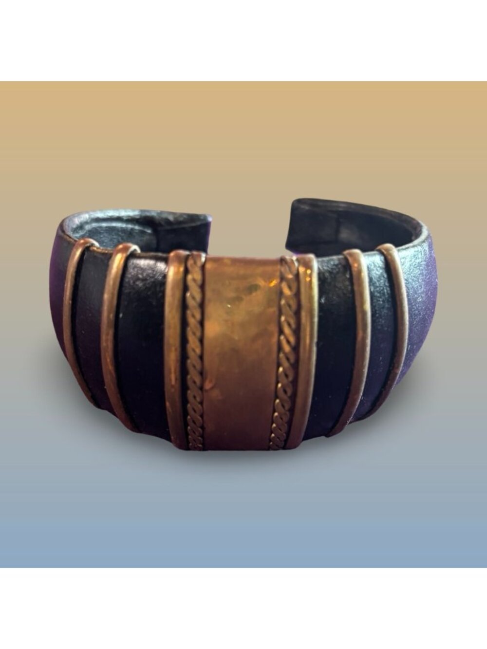 Brass Leather Wide Cuff Bracelet Tribal Inspired Adjustable Open Band Vintage